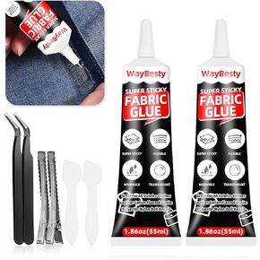 Fabric Glue Permanent, Fabric Adhesive Clear Washable Strong Waterproof Fabric Glue for All Fabrics, Clothes, Leather, Cotton, Flannel, Denim, Polyester, Doll Repair 2pcs