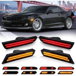 D-Lumina Smoked Lens LED Side Marker Lights Compatible for Chevy Camaro 2010-2015, Front Rear Bumper Sidemarker Lamps Reflectors Dynamic Amber & Red, Pack of 4