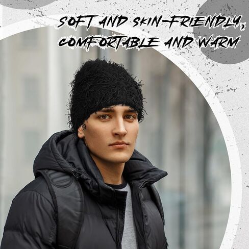 Chuarry Distressed Knitted Beanie Fuzzy Winter Hats Thick Warm Beanies Y2k Beanie Snow Knit Cap Skull for Women Men in Saudi Arabia
