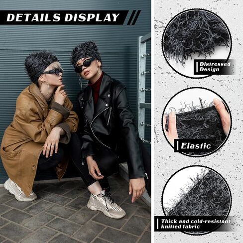 Chuarry Distressed Knitted Beanie Fuzzy Winter Hats Thick Warm Beanies Y2k Beanie Snow Knit Cap Skull for Women Men in Saudi Arabia