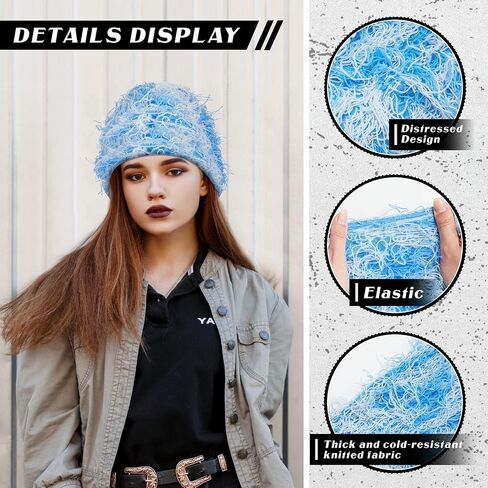 Chuarry Distressed Knitted Beanie Fuzzy Winter Hats Thick Warm Beanies Y2k Beanie Snow Knit Cap Skull for Women Men in Saudi Arabia