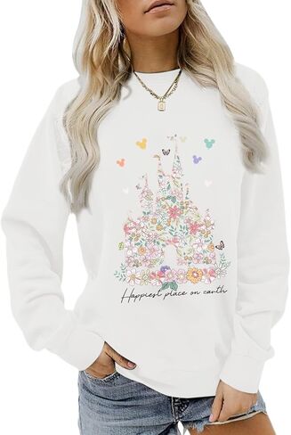 سويت شيرت Magic Kingdom للسيدات، قميص بأكمام طويلة ورسومات زهور على شكل قلعة سحرية، بلوفر للعطلات (أبيض، مقاس XL) in Kuwait