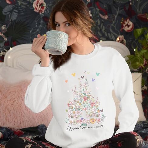 سويت شيرت Magic Kingdom للسيدات، قميص بأكمام طويلة ورسومات زهور على شكل قلعة سحرية، بلوفر للعطلات (أبيض، مقاس XL) in Kuwait