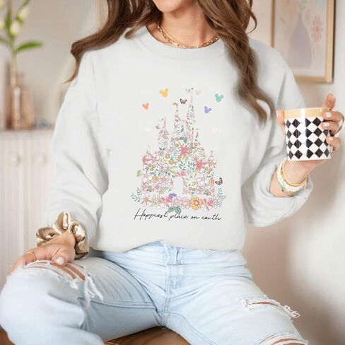 سويت شيرت Magic Kingdom للسيدات، قميص بأكمام طويلة ورسومات زهور على شكل قلعة سحرية، بلوفر للعطلات (أبيض، مقاس XL) in Kuwait