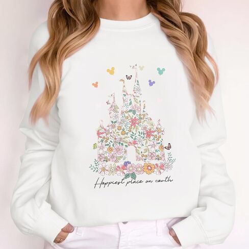 سويت شيرت Magic Kingdom للسيدات، قميص بأكمام طويلة ورسومات زهور على شكل قلعة سحرية، بلوفر للعطلات (أبيض، مقاس XL) in Kuwait