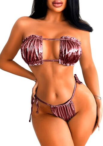 Sexy 2Pc Metallic Bikini, String Tie Bandeau, Ruched Solid Swimsuit in Saudi Arabia