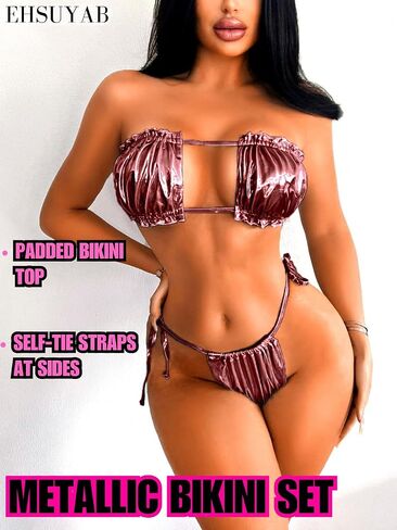 Sexy 2Pc Metallic Bikini, String Tie Bandeau, Ruched Solid Swimsuit in Saudi Arabia