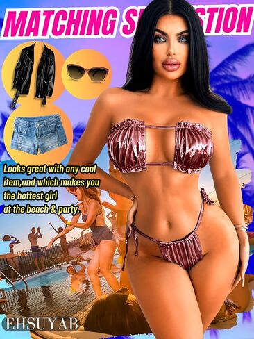 Sexy 2Pc Metallic Bikini, String Tie Bandeau, Ruched Solid Swimsuit in Saudi Arabia