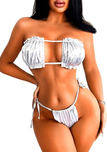 Sexy 2Pc Metallic Bikini, String Tie Bandeau, Ruched Solid Swimsuit in Saudi Arabia