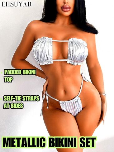 Sexy 2Pc Metallic Bikini, String Tie Bandeau, Ruched Solid Swimsuit in Saudi Arabia
