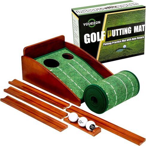 Putting Green، سجادة لعب الجولف، محمولة في الأماكن المغلقة باللون الأخضر - سهلة التجميع، إرجاع الكرة تلقائيًا، سجادة مطاطية طبيعية خالية من التجاعيد، هيكل من الخشب الصلب in Saudi Arabia