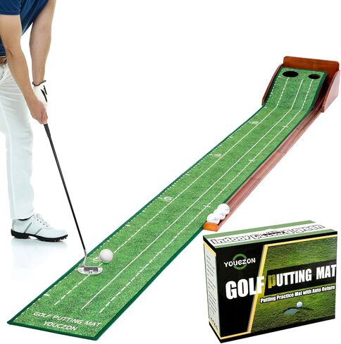 Putting Green، سجادة لعب الجولف، محمولة في الأماكن المغلقة باللون الأخضر - سهلة التجميع، إرجاع الكرة تلقائيًا، سجادة مطاطية طبيعية خالية من التجاعيد، هيكل من الخشب الصلب in Saudi Arabia