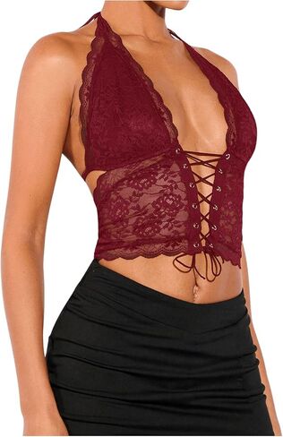 SOLY HUX Women's Sexy Lace Sheer Corset Top Halter Neck Tie Up Backless Crop Tops Party Rave Outfits in Saudi Arabia