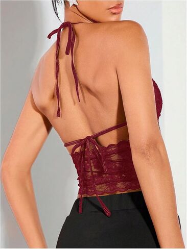SOLY HUX Women's Sexy Lace Sheer Corset Top Halter Neck Tie Up Backless Crop Tops Party Rave Outfits in Saudi Arabia