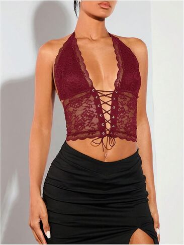 SOLY HUX Women's Sexy Lace Sheer Corset Top Halter Neck Tie Up Backless Crop Tops Party Rave Outfits in Saudi Arabia