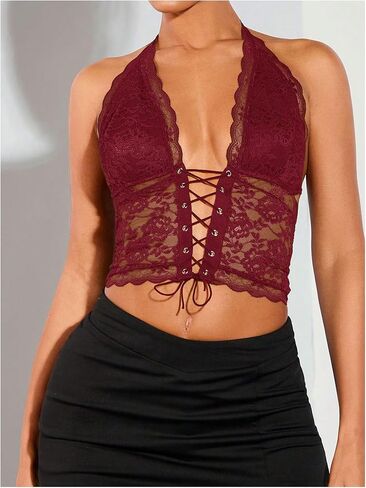 SOLY HUX Women's Sexy Lace Sheer Corset Top Halter Neck Tie Up Backless Crop Tops Party Rave Outfits in Saudi Arabia