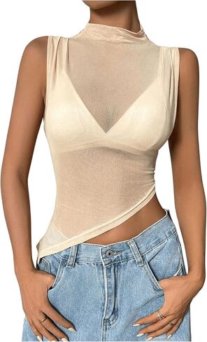 Women's Sheer Mesh Mock Neck Tank Tops Sleeveless Asymmetrical Hem Crop Tops Clubwear in Kuwait