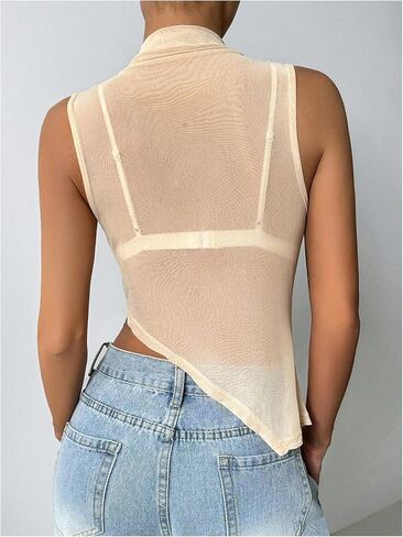 Women's Sheer Mesh Mock Neck Tank Tops Sleeveless Asymmetrical Hem Crop Tops Clubwear in Kuwait