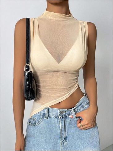 Women's Sheer Mesh Mock Neck Tank Tops Sleeveless Asymmetrical Hem Crop Tops Clubwear in Kuwait