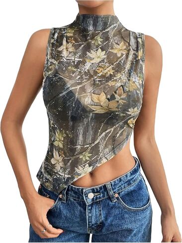 Women's Sheer Mesh Mock Neck Tank Tops Sleeveless Asymmetrical Hem Crop Tops Clubwear in Kuwait