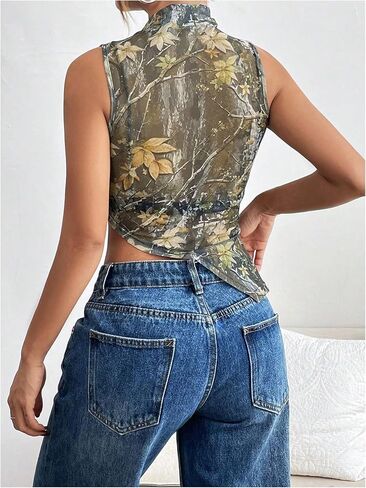 Women's Sheer Mesh Mock Neck Tank Tops Sleeveless Asymmetrical Hem Crop Tops Clubwear in Kuwait