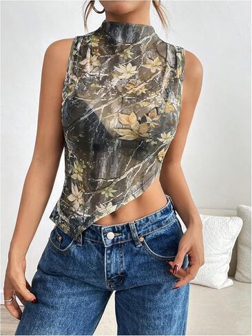 Women's Sheer Mesh Mock Neck Tank Tops Sleeveless Asymmetrical Hem Crop Tops Clubwear in Kuwait
