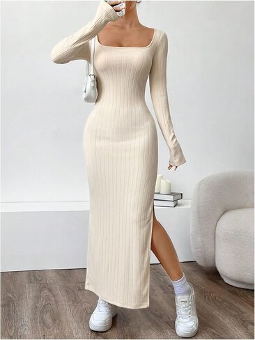 MakeMeChic Women's Square Neck Split Thigh Rib Knit Long Sleeve Bodycon Slim Fitted Maxi Dress in Saudi Arabia