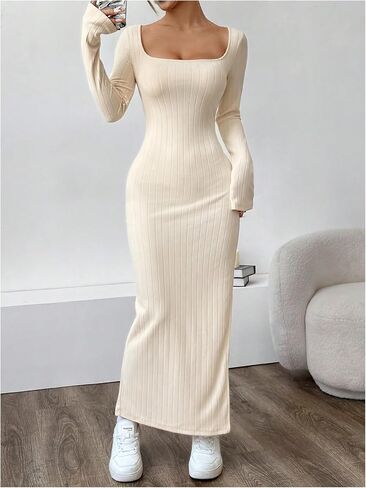 MakeMeChic Women's Square Neck Split Thigh Rib Knit Long Sleeve Bodycon Slim Fitted Maxi Dress in Saudi Arabia
