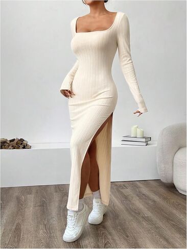 MakeMeChic Women's Square Neck Split Thigh Rib Knit Long Sleeve Bodycon Slim Fitted Maxi Dress in Saudi Arabia