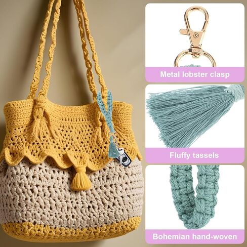 2 قطعة سلسلة مفاتيح مضفرة من Macrame Boho، سوار مصنوع يدويًا وحلقة مفاتيح بشرابة وحزام معصم للنساء in Saudi Arabia