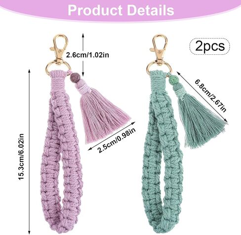 2 قطعة سلسلة مفاتيح مضفرة من Macrame Boho، سوار مصنوع يدويًا وحلقة مفاتيح بشرابة وحزام معصم للنساء in Saudi Arabia