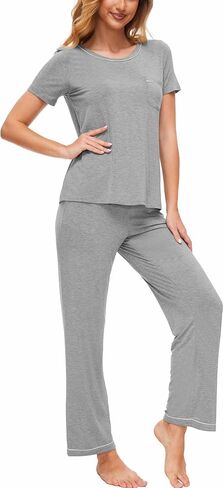 Pajamas for Women - Viscose Made from Bamboo, Soft Pjs Set Short Sleeve Top and Pants Lounge Set Sleepwear in Saudi Arabia