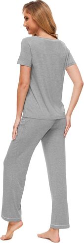 Pajamas for Women - Viscose Made from Bamboo, Soft Pjs Set Short Sleeve Top and Pants Lounge Set Sleepwear in Saudi Arabia
