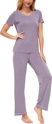 Pajamas for Women - Viscose Made from Bamboo, Soft Pjs Set Short Sleeve Top and Pants Lounge Set Sleepwear in Saudi Arabia