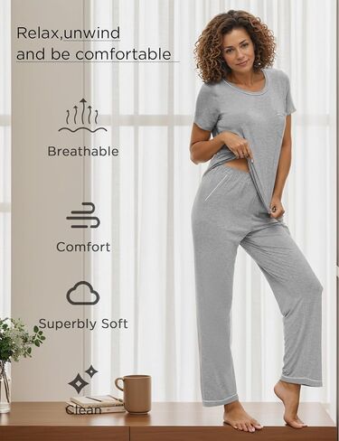 Pajamas for Women - Viscose Made from Bamboo, Soft Pjs Set Short Sleeve Top and Pants Lounge Set Sleepwear in Saudi Arabia