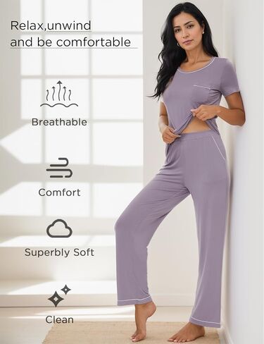 Pajamas for Women - Viscose Made from Bamboo, Soft Pjs Set Short Sleeve Top and Pants Lounge Set Sleepwear in Saudi Arabia