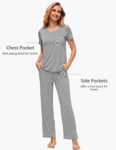 Pajamas for Women - Viscose Made from Bamboo, Soft Pjs Set Short Sleeve Top and Pants Lounge Set Sleepwear in Saudi Arabia