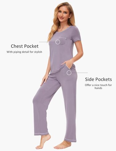 Pajamas for Women - Viscose Made from Bamboo, Soft Pjs Set Short Sleeve Top and Pants Lounge Set Sleepwear in Saudi Arabia