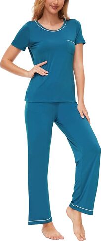 Pajamas for Women - Viscose Made from Bamboo, Soft Pjs Set Short Sleeve Top and Pants Lounge Set Sleepwear in Saudi Arabia