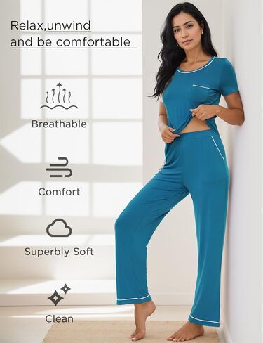Pajamas for Women - Viscose Made from Bamboo, Soft Pjs Set Short Sleeve Top and Pants Lounge Set Sleepwear in Saudi Arabia