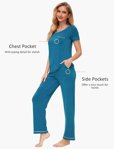 Pajamas for Women - Viscose Made from Bamboo, Soft Pjs Set Short Sleeve Top and Pants Lounge Set Sleepwear in Saudi Arabia