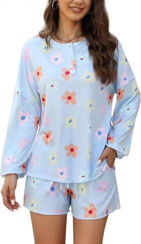 Women Knit Pajamas Set Nightwear Long Sleeve Shirt 2 Pieces Casual Button Outfit Lounge Sleepwear Sets in Saudi Arabia