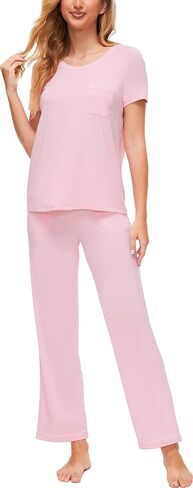 بيجامة للنساء - فسكوز مصنوع من الخيزران، طقم بيجامة ناعم بأكمام قصيرة وسروال وملابس نوم in Kuwait