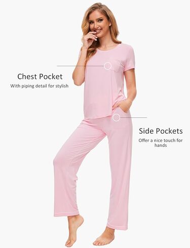 بيجامة للنساء - فسكوز مصنوع من الخيزران، طقم بيجامة ناعم بأكمام قصيرة وسروال وملابس نوم in Kuwait