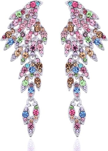 mecresh Retro Statement Angel Wings Wedding Crystal Rhinestone Cluster Chandelier Hollow Dangle Earrings Clip for Women's Day in Kuwait