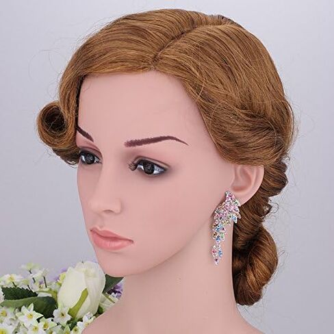 mecresh Retro Statement Angel Wings Wedding Crystal Rhinestone Cluster Chandelier Hollow Dangle Earrings Clip for Women's Day in Kuwait
