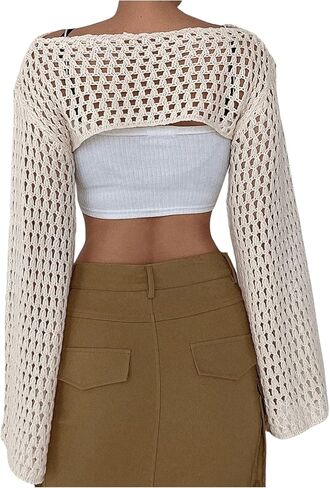 Women's Hollow Out Crochet Knit Top Bell Long Sleeve Bolero Cropped Sweater Shrug in Saudi Arabia