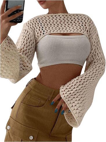 Women's Hollow Out Crochet Knit Top Bell Long Sleeve Bolero Cropped Sweater Shrug in Saudi Arabia