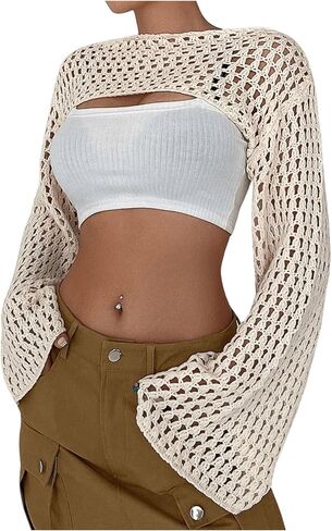 Women's Hollow Out Crochet Knit Top Bell Long Sleeve Bolero Cropped Sweater Shrug in Saudi Arabia
