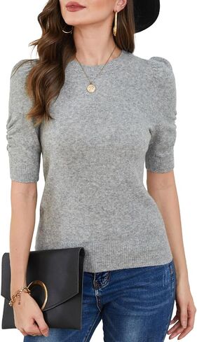 Women's Short Sleeve Sweater Tops Puff Sleeves Crewneck 2024 Spring Summer Trendy Casual T Shirts Blouses in Saudi Arabia